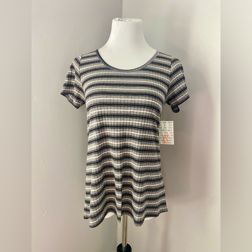 LuLaRoe Classic T Shirt NWT Ribbed Black Gray White Striped Short Sleeve